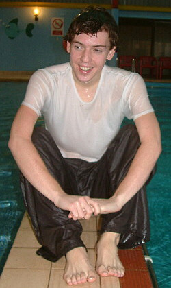 beach pants and tee shirt in pool